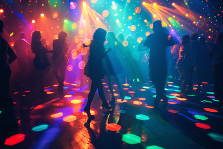 People dancing on colorful illuminated birthday party dance floor.の素材