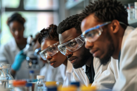 Focused group of diverse scientists working in a laboratory. Studio portrait for educational, teamwork, and research themes with copy space.の素材