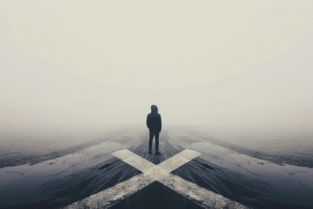 Person standing on a foggy road with converging lines. Symbolic image for solitude and choice, apt for introspective themes and book covers.の素材