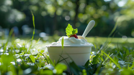 White yogurt cup with mint leaf and raspberry, on grass. Sunny outdoor dessert scene with soft focus background.の素材