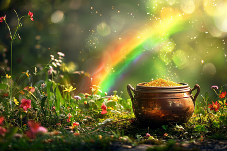 Pot of gold at rainbow's end on a vibrant spring meadow. Mythology and folklore concept. Design for greeting card, poster.の素材