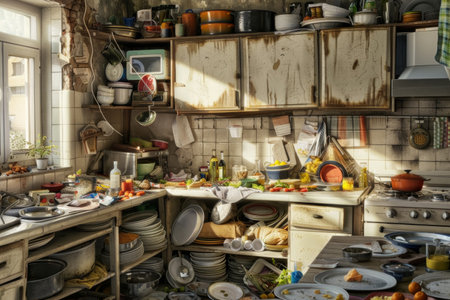 Overfilled kitchen sink and counter with dirty dishes. Realistic indoor photography with no copy space. Kitchen cleaning and hygiene concept. Design for poster, banner.の素材