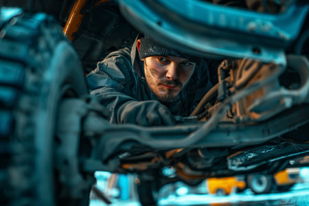 Mechanic working under lifted car in workshop. Studio photography with industrial background. Vehicle maintenance and repair concept. Design for poster, banner.の素材