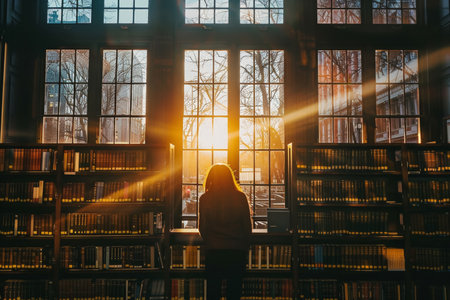 Silhouette against bookshelves with sunset through windows. Peaceful concept. Academic and study concept for design and poster.の素材
