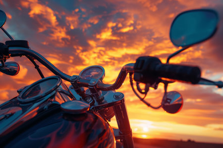 Close-up of motorcycle controls with sunset sky. Vibrant evening colors reflecting on motorbike details. Adventure riding and travel concept.の素材