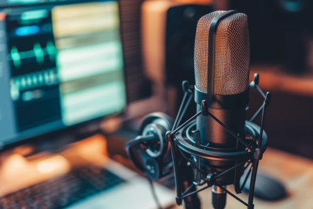 Host at podcast recording studio with professional equipment. Conceptual broadcasting and media production. Design for banner, poster, advertisement.の素材