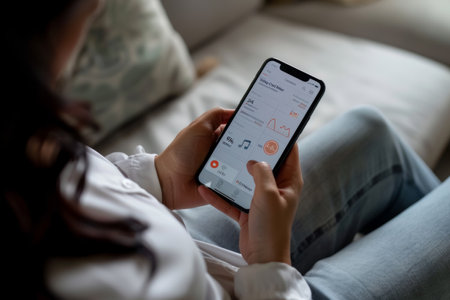 Patient monitoring health metrics using a smartphone app. Digital health management concept with hand and phone interface.の素材