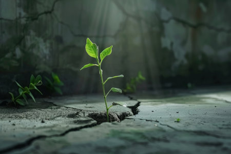 Green seedling growing in concrete crack. Concept of resilience and hope. Design for print, banner, poster.の素材