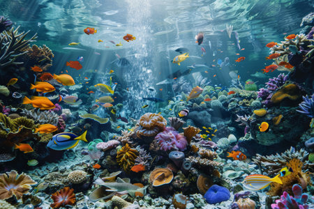 Colorful tropical fish among coral reefs in an underwater scene with light rays penetrating water. Marine life concept for design and print. Underwater photography with a wide-angle view.の素材