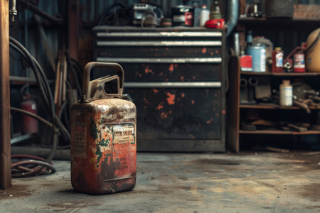 Old, rusted gasoline canister in a workshop. Vintage object and industrial concept.の素材