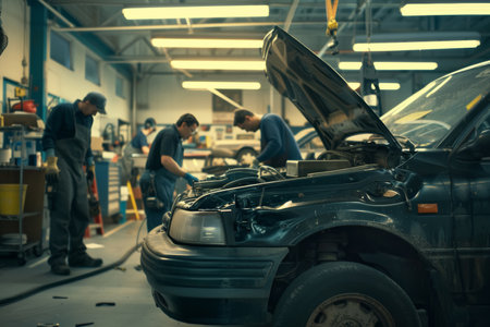 Group of mechanics fixing a car in workshop. Teamwork in auto repair service. Design for banner, automotive brochure.の素材