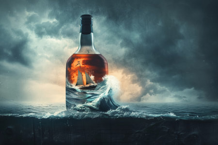Amber whiskey bottle in stormy sea with sailing ship. Photorealistic digital art. Adventure and travel concept for design and poster.の素材
