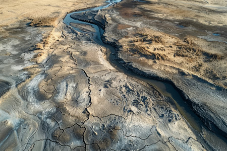 Aerial view of a drying river landscape. Environmental change concept. Design for poster, wallpaper.の素材