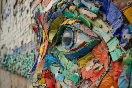 Sculpture of a face assembled from colorful recycled materials. Creative reuse art concept for eco-awareness poster design.の素材