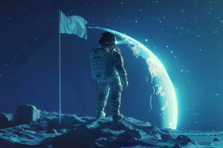 Astronaut standing on moon holding American flag. Space exploration theme. Design for poster, wallpaper.の素材