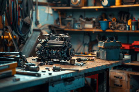 Disassembled car engine on workbench with tools. Professional garage interior.の素材