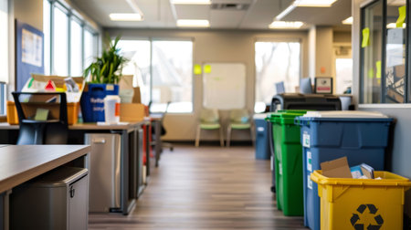 Blurry office interior with recycling bins, promoting eco-friendly workplace. Environmental responsibility concept for design and banner.の素材