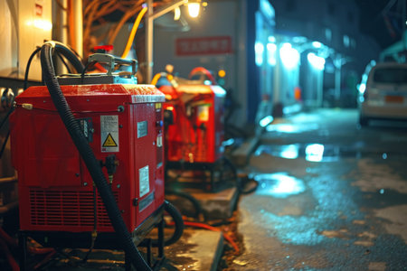 Red gasoline-powered generators in use on wet street at night. Urban emergency power supply concept.の素材
