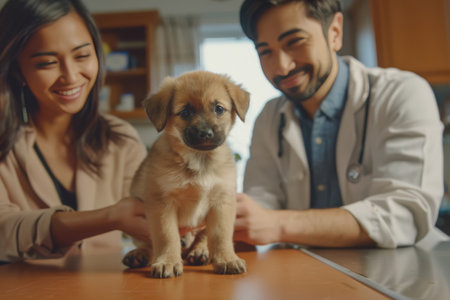A compassionate veterinarian and his assistant smile while gently examining a golden retriever puppy in a well-equipped clinicの素材