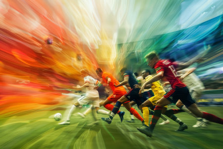 Soccer players in action with motion blur on a vivid background.の素材