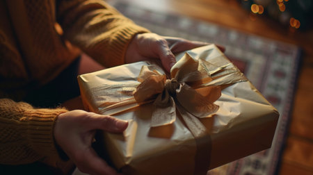 Hand presenting an eco-friendly gift wrapped in brown paper with twine. Sustainable gifting concept for banner and poster.の素材