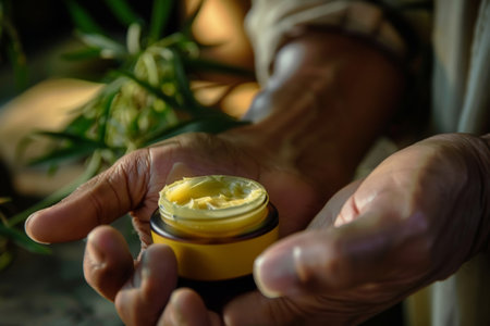 An intimate view of weathered hands applying a natural cream, conveying self-care and the nourishing properties of herbal productsの素材