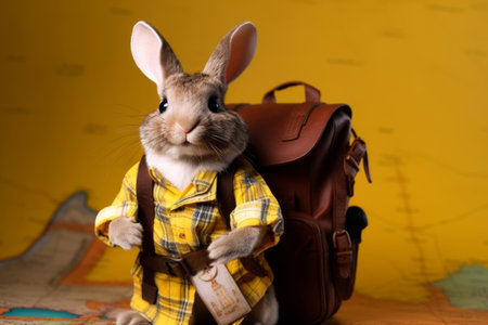 A charming rabbit dressed in a cowboy hat and backpack, posing against a vivid yellow backgroundの素材