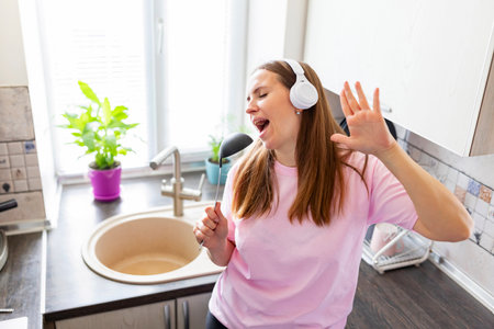 Happy woman singing in kitchen with headphonesの写真素材