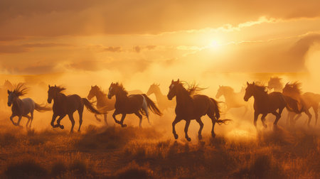 Wild Horses Galloping Across Golden Plains at Sunset â Nature, Freedom, and Adventureの素材