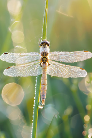 Close-Up of Dew-Covered Dragonfly on Grass Blade in the Morning Sunlightの素材