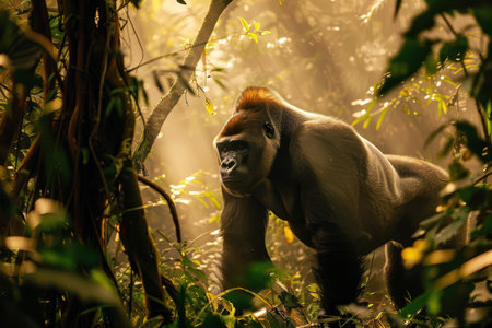 Majestic Silverback Gorilla in Dense Jungle with Sunlight Filtering Through Canopyの素材