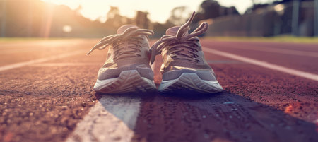 Fitness Brand Banner: Running Shoes on Outdoor Track at Sunrise for Inspirational Designの素材