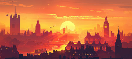 Dawn Cityscape Travel Banner with Iconic Landmarks and Stunning Sunriseの素材