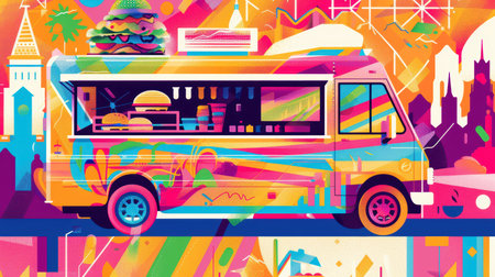 Colorful Food Truck Poster for Summer Festival Featuring Street Food and Bold Typographyの素材