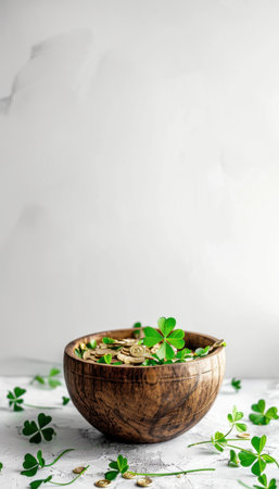 Elegant St. Patricks Day Wooden Bowl with Gold Coins and Clover Accents for Modern Card Designの素材
