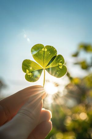 Symbol of Good Luck: Four Leaf Clover Against Sunlit Sky for St. Patrickâs Dayの素材