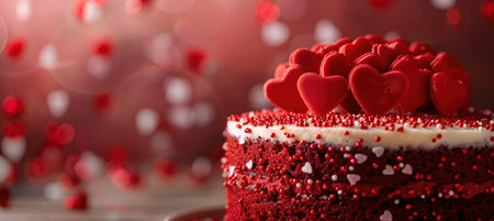 Valentines Day Dessert Banner Featuring Red Velvet Cake with Heart-Shaped Sprinklesの素材