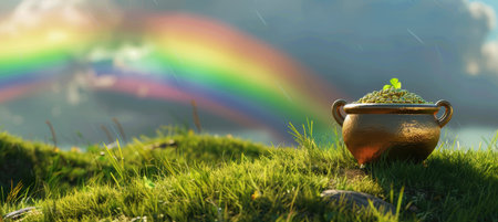 Photorealistic St. Patricks Day Card with Pot of Gold and Vibrant Rainbow Landscapeの素材