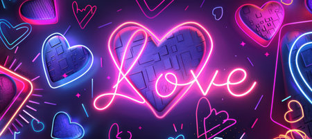 Retro 80s Valentines Day Card Design with Neon Hearts and Geometric Patternsの素材