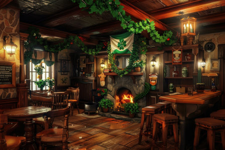 Cozy Irish Pub Interior with Shamrock Decor for St. Patricks Day Evening Celebrationsの素材