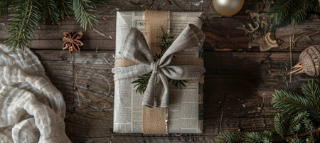 Rustic Holiday Gift Wrapped in Newspaper with Fabric Ribbon for Eco-Friendly Christmas Celebrationsの素材