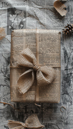 Eco-friendly gift wrapped in newspaper, accented by a raffia bow, surrounded by sustainable wrapping options. emphasizes environmental consciousness and creativity in gift presentation, perfect for eco-minded holidays or events.の素材