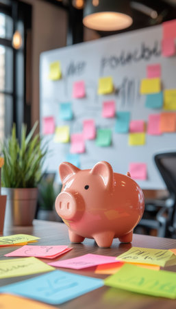 Financial Planning Concept with Piggy Bank and Colorful Sticky Notes in Modern Office Settingの素材