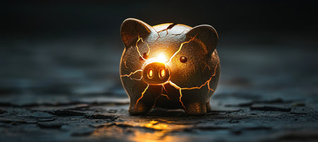 Cracked Piggy Bank with Light: Symbol of Hope and Resilience in Financial Hardshipの素材