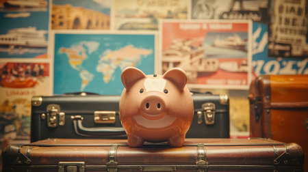 Saving for Nostalgic Adventures: Retro Travel Agency with Piggy Bank and Vintage Postersの素材