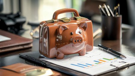 Business Investment Concept: Briefcase Piggy Bank on Executive Desk Sceneの素材