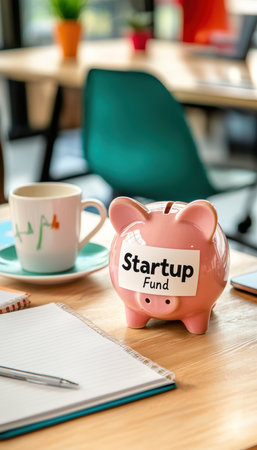 Piggy Bank with Startup Fund Label in Creative Workspace for Entrepreneurial Savings Conceptの素材