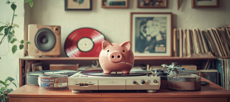 Retro Music Savings Concept with Piggy Bank, Vinyl Records, and Turntable in Vintage Living Roomの素材