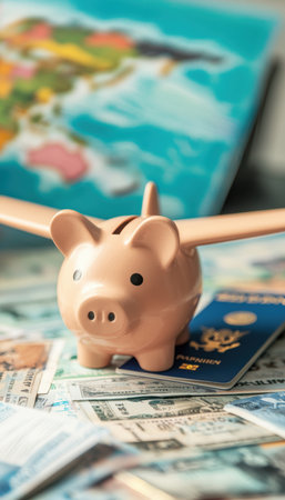 Savings for Travel Adventure: Piggy Bank Airplane with Brochures and Passportsの素材