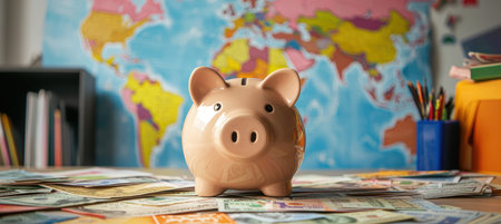 Global Savings Concept with Piggy Bank and Diverse Currencies on Office Deskの素材